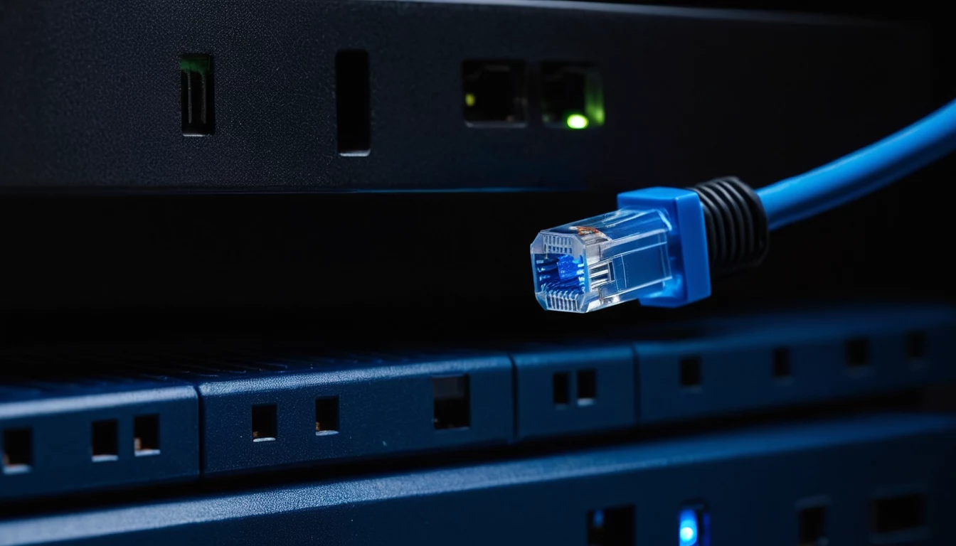 Mėlyna RJ45 eterneto jungtis šalia tinklo komutatoriaus su šviečiančiais prievadų LED indikatoriais