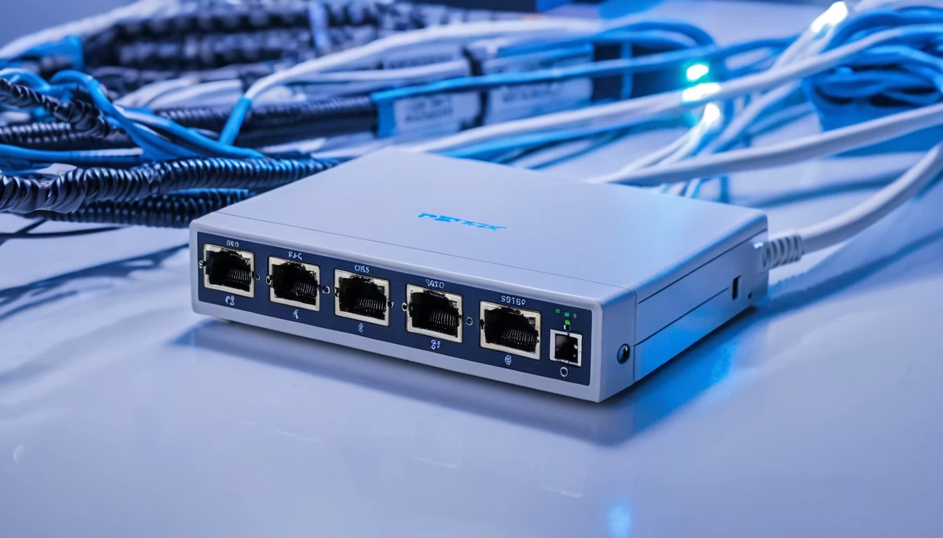 Tinklo laidai ir PoE komutatorius, maitinantys IP CCTV kameras