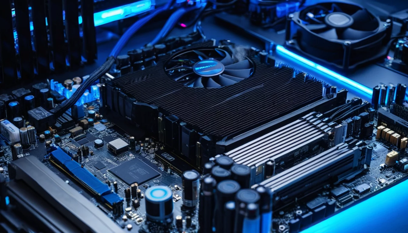 Žaidimų kompiuterio komponentai, paruošti surinkimui: CPU, GPU, pagrindinė plokštė, RAM