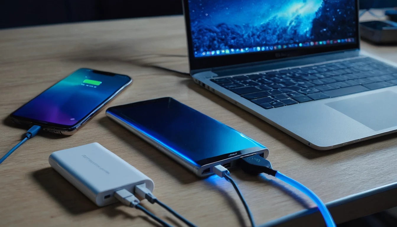 Išorinė baterija per USB-C įkrauna išmanųjį telefoną ir nešiojamąjį kompiuterį