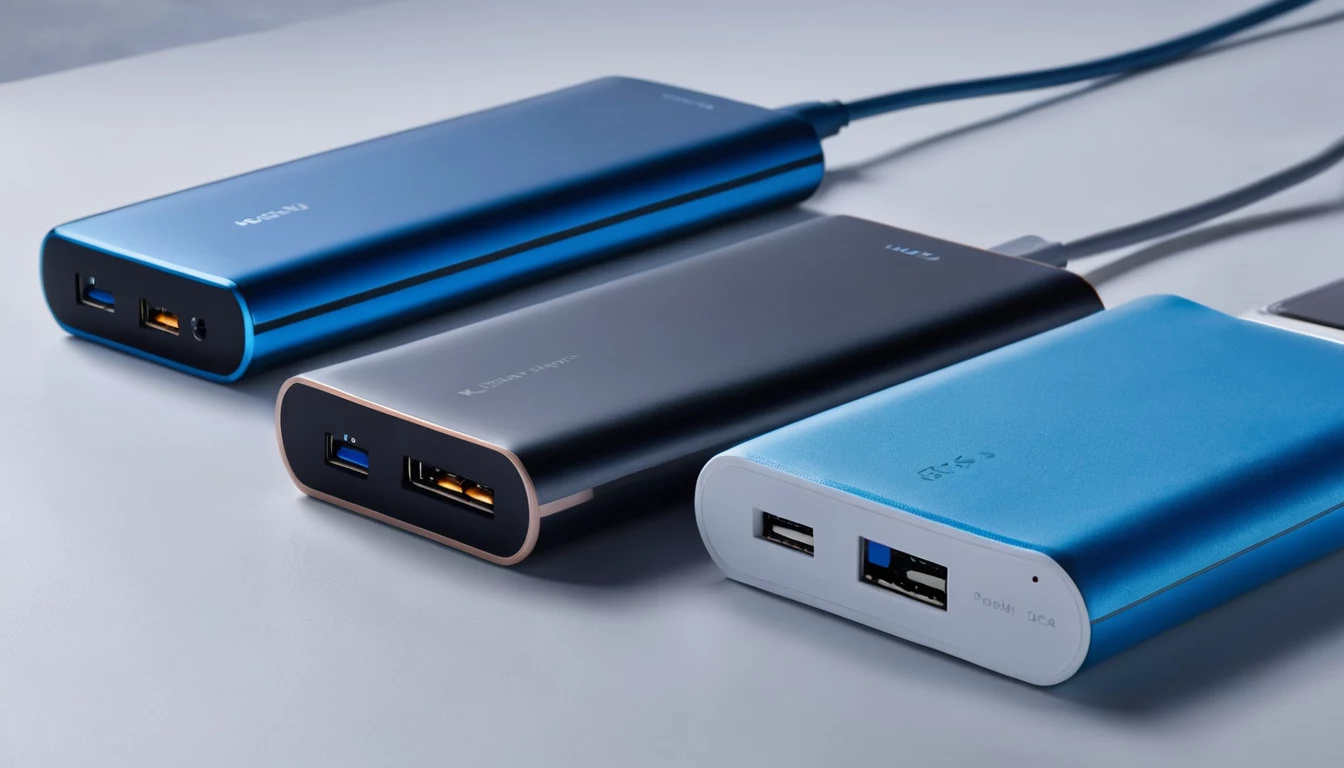 Įvairios talpos išorinės baterijos su USB-C ir USB-A jungtimis
