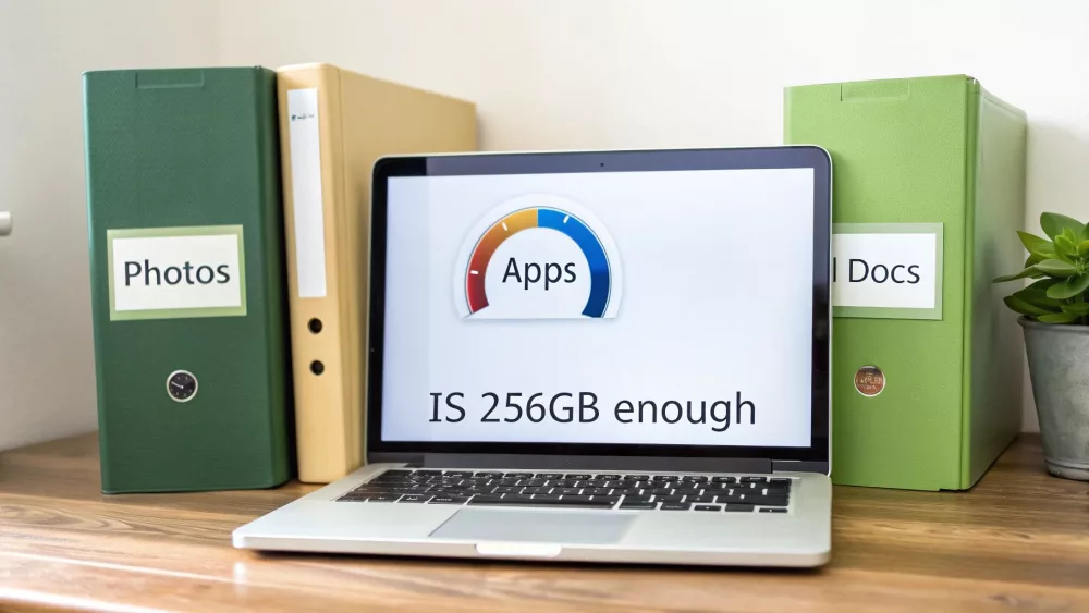 Nešiojamojo kompiuterio ekrane rodoma „Ar 256 GB pakanka