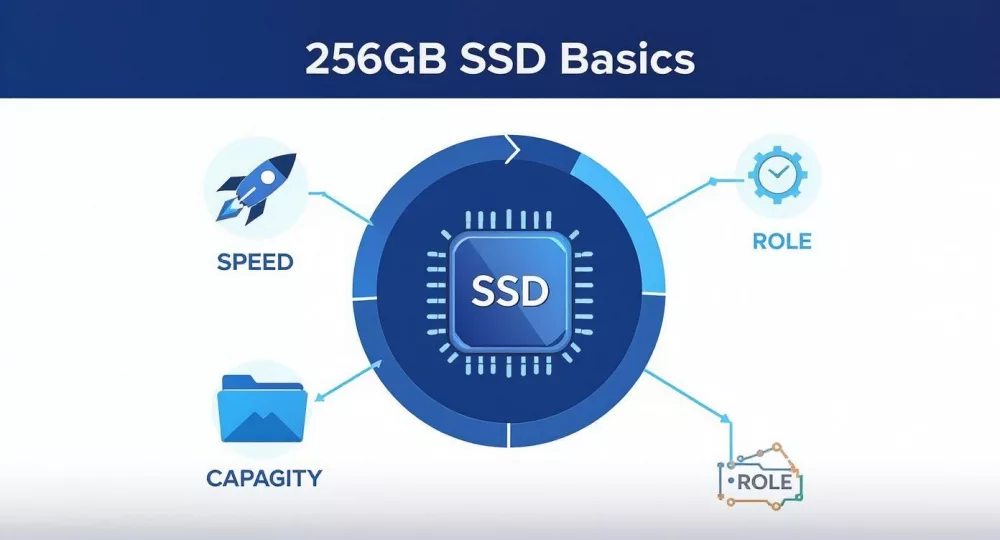 Diagrama, iliustruojanti 256 GB SSD pagrindus, apimanti greitį, talpą ir paskirtį su piktogramomis.