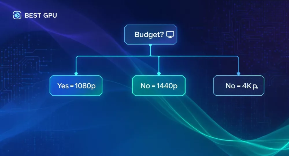Schema, vaizduojanti vaizdo plokštės parinkimą pagal žaidimų biudžetą 1080p, 1440p ir 4K raiškoms