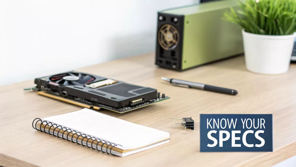 Vaizdo plokštės GPU ant medinio stalo su užrašine ir kompiuterio komponentais žaidimų specifikacijoms