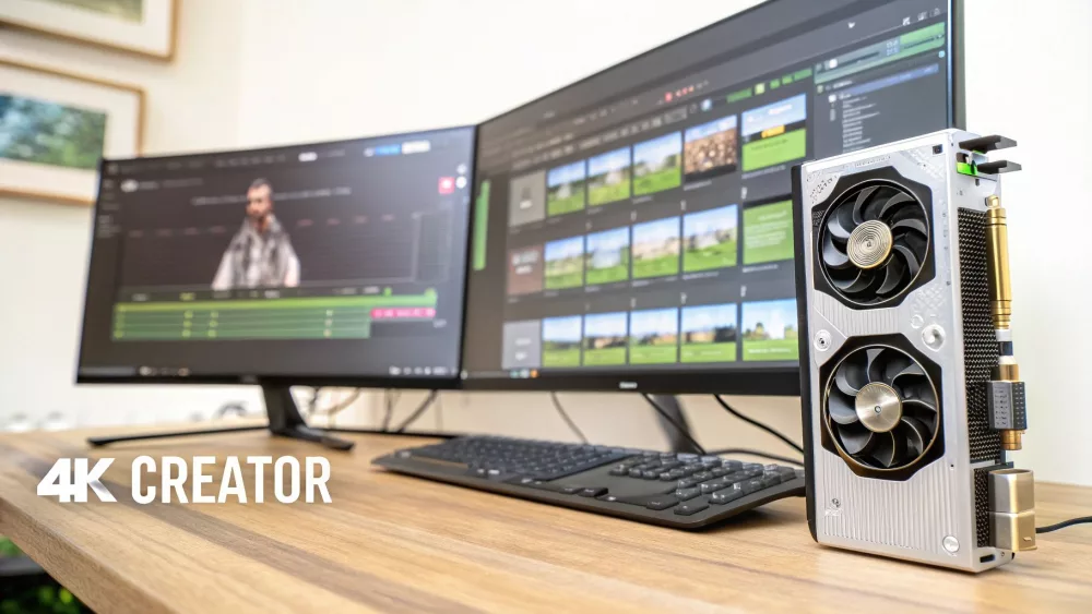 Aukšto našumo GPU vaizdo plokštė, eksponuojama su dviem monitoriais, rodančiais vaizdo redagavimo programinę įrangą 4K turinio kūrimui