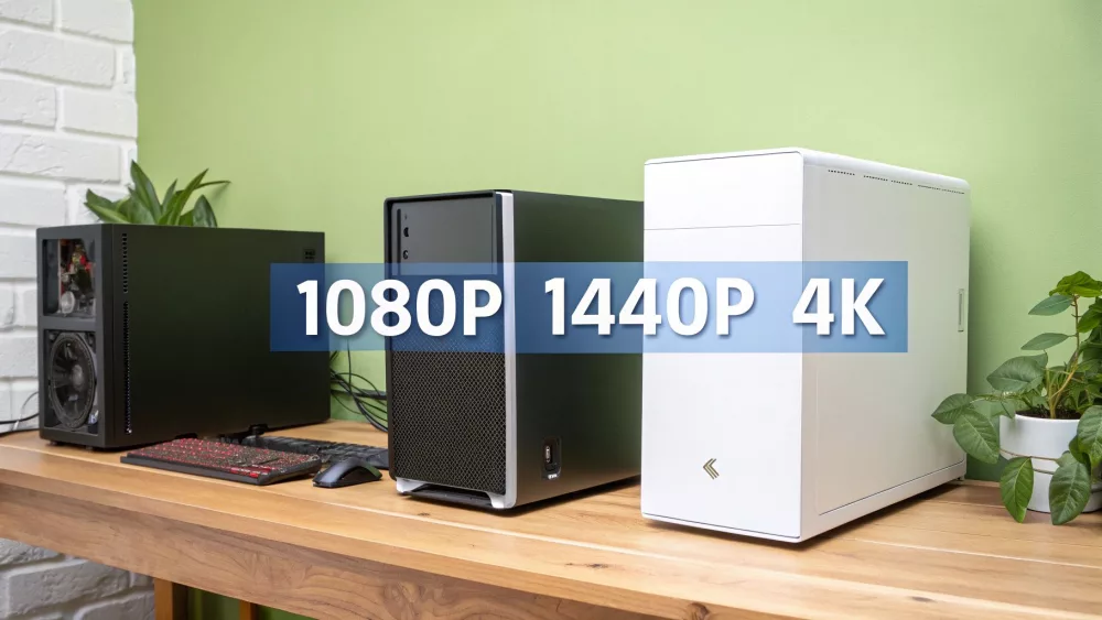 Trys žaidimų kompiuterių korpusai, vaizduojantys 1080P, 1440P ir 4K raiškos galimybes ant medinio stalo