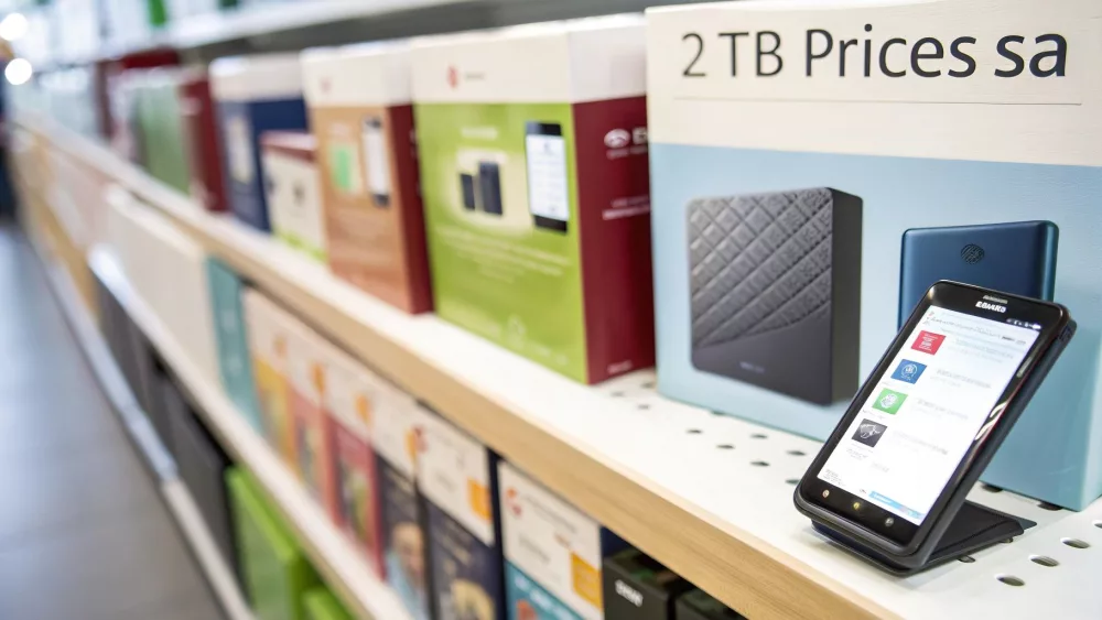 Parduotuvės lentyna su supakuotais 2 TB išoriniais standžiaisiais diskais ir išmaniuoju telefonu, rodančiu informaciją apie prekę.
