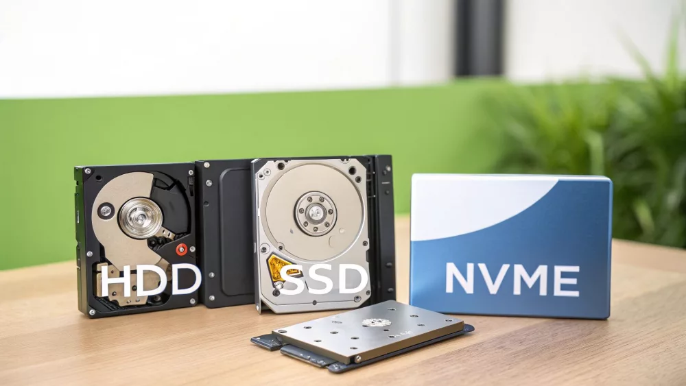 Įvairių duomenų saugojimo įrenginių ekspozicija: atviras HDD, atviras SSD ir NVMe dėžutė.