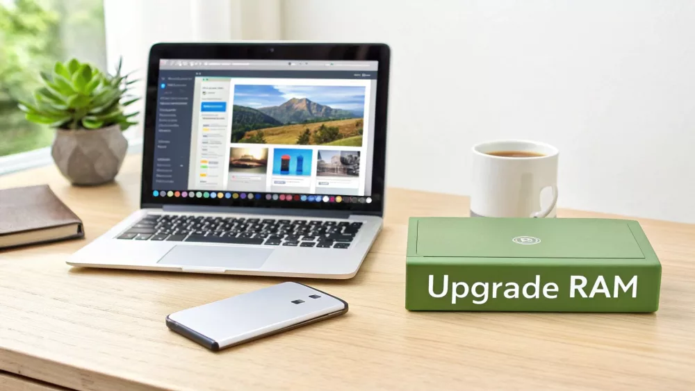 Nešiojamasis kompiuteris, išmanusis telefonas, kava ir žalia dėžutė su užrašu „Upgrade RAM“ ant šviesaus medinio stalo.