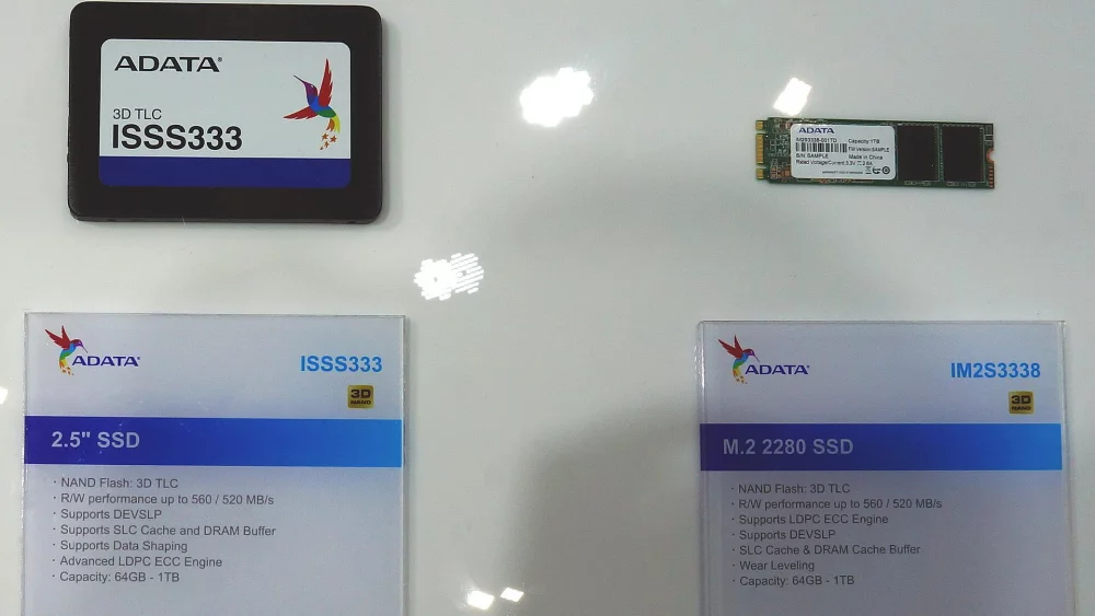 SSD drives on a retail display with spec cards
