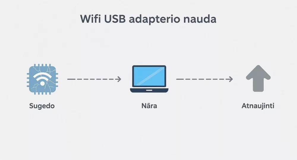 WiFi USB adapterio veikimo schema: signalas iš įrenginio perduodamas į kompiuterį ir atnaujinamas internete