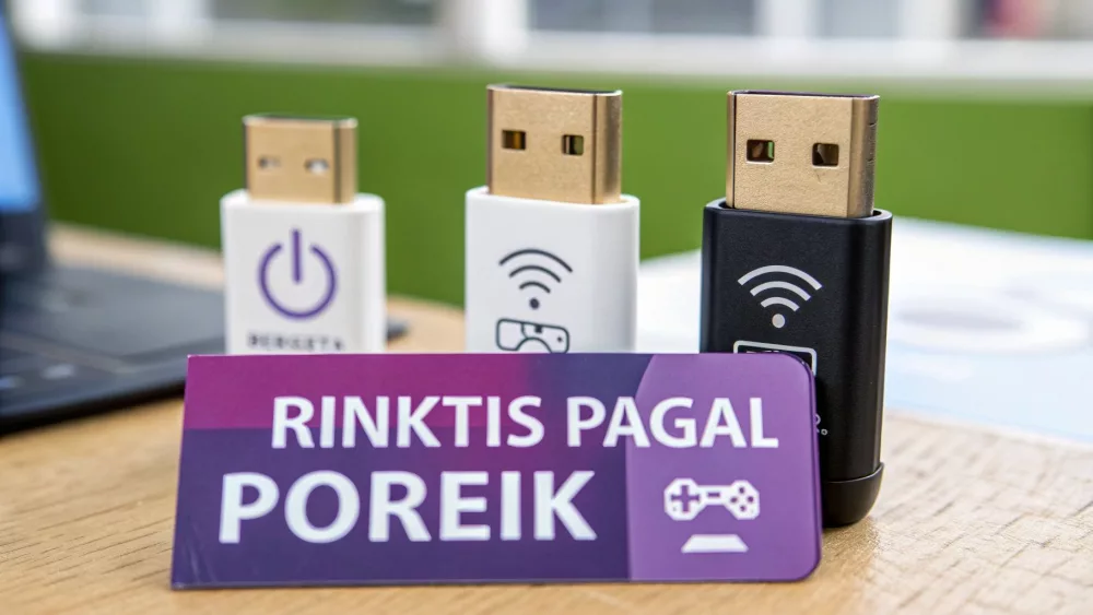 Trys USB WiFi adapteriai su auksiniais jungtimis ir violetinė kortelė užrašu 'Rinktis pagal poreik'