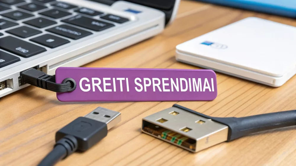 WiFi USB adapteris su kabeliais ant darbo stalo šalia nešiojamo kompiuterio klaviatūros