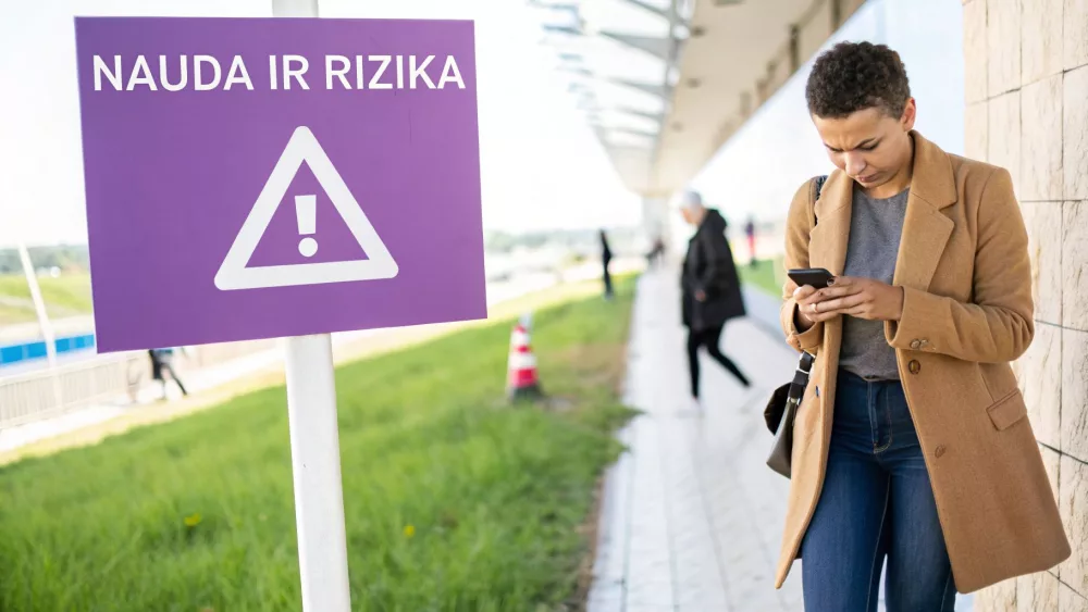 Moteris skaito telefone pranešimą apie naują grėsmę ir riziką prie įspėjamojo ženklo