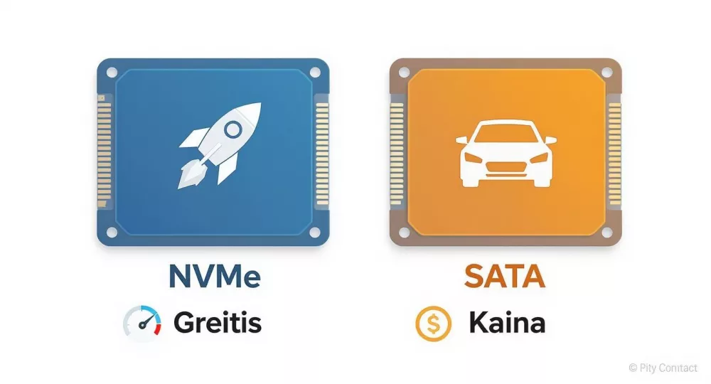 NVMe ir SATA diskų palyginimas: NVMe su raketos ikona simbolizuoja greitį, SATA su automobilio ikona - kainą